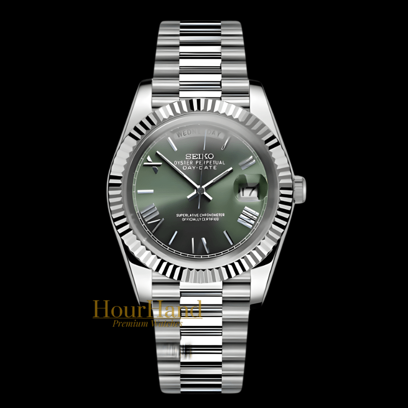 Seikodate Roman Olive Green | Seiko Day-Date Mod – HourHand