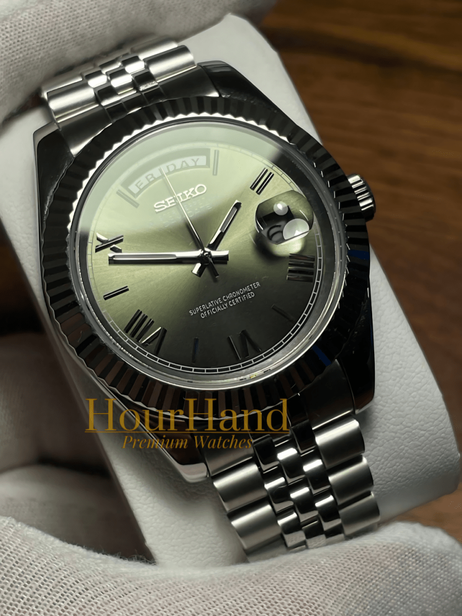 Seikodate Roman Olive Green | Seiko Day-Date Mod – HourHand