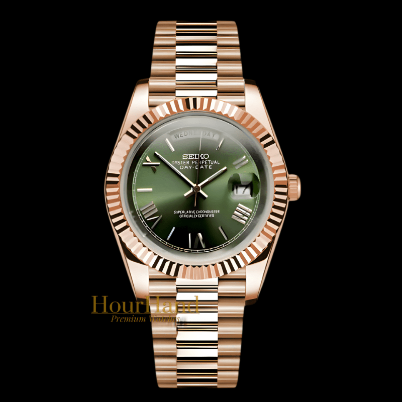 Seikodate Rose Gold Olive Green Roman | Seiko Day-Date Mod – HourHand