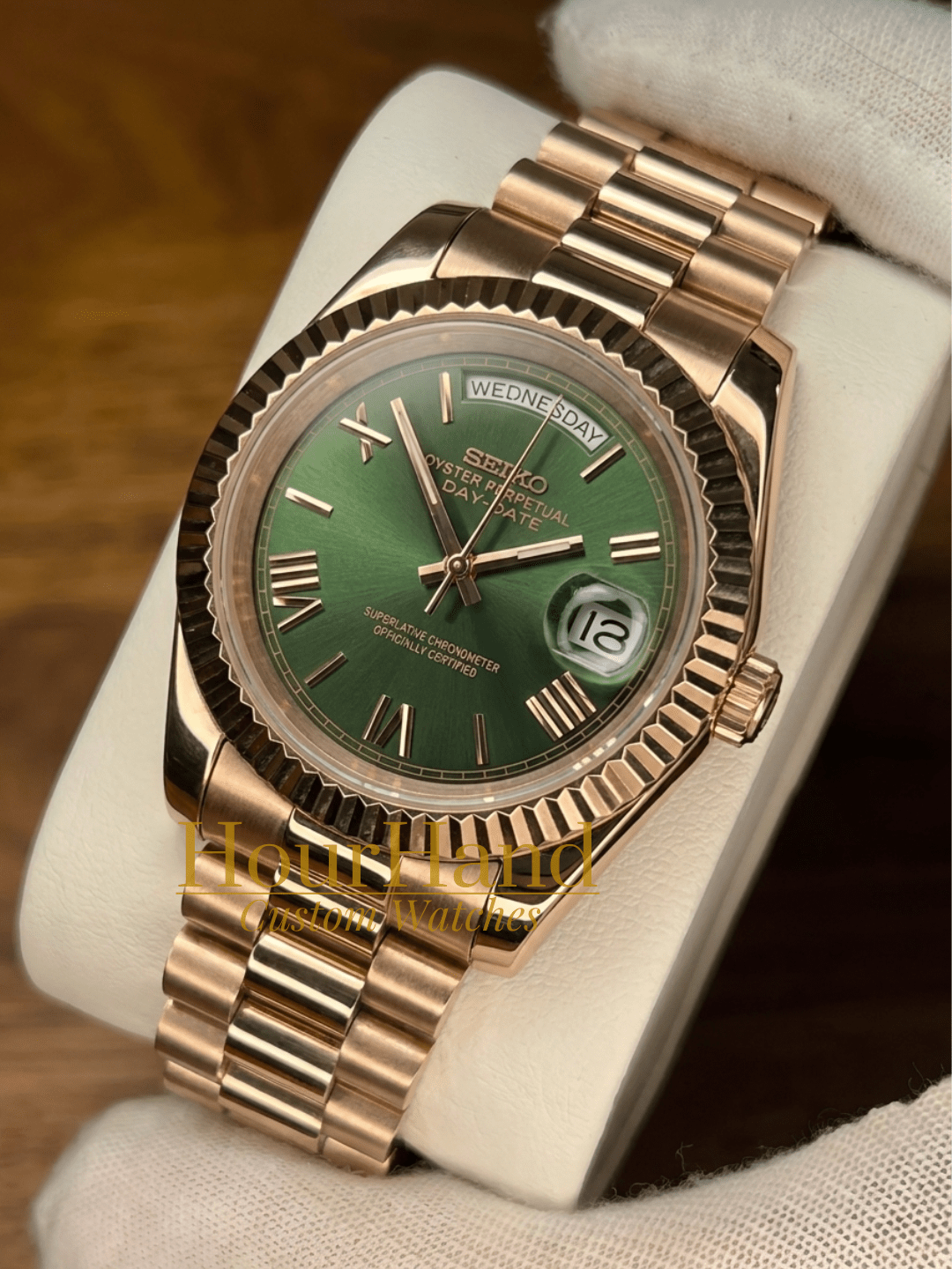 Seikodate | Roman Rose Gold Olive Green - HourHand Watches
