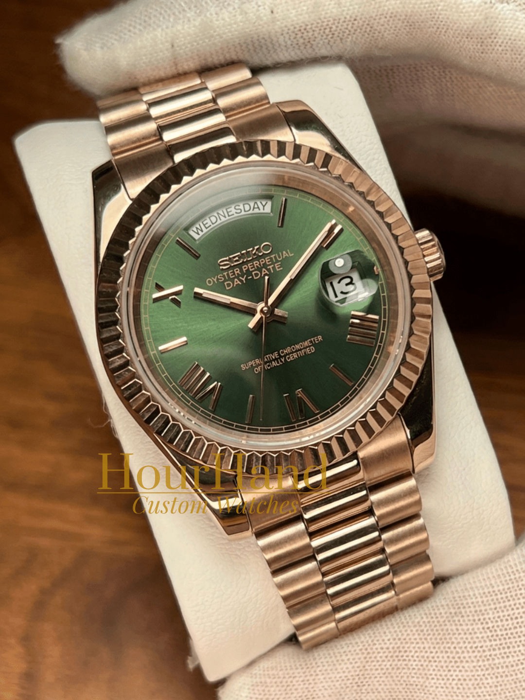 Seikodate | Roman Rose Gold Olive Green - HourHand Watches