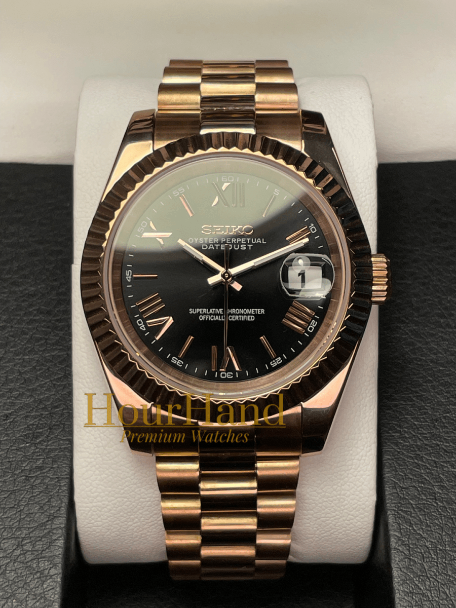 Seikojust Rose Gold - Black Roman | Seiko Datejust Mod – HourHand