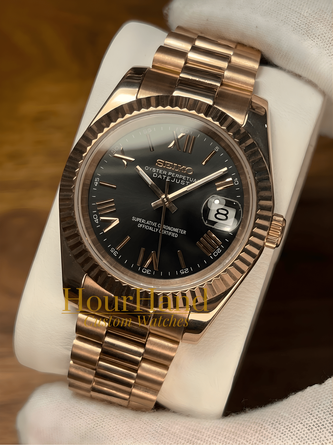 Seikojust Rose Gold - Black Roman | Seiko Datejust Mod – HourHand