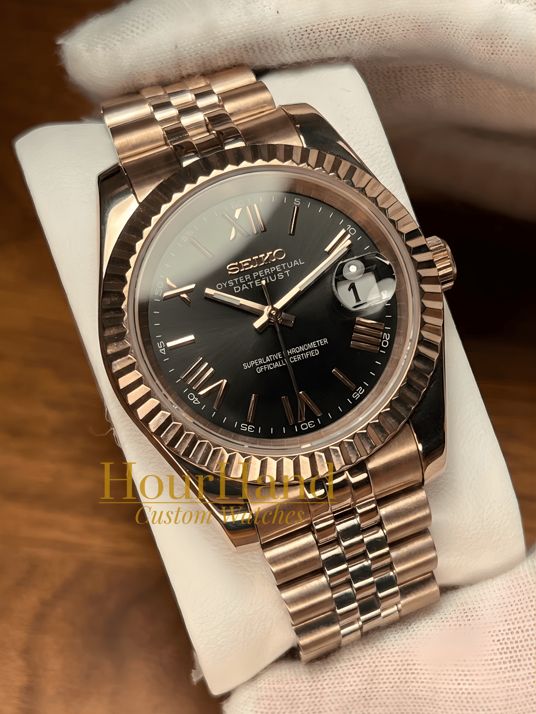 Seikojust Rose Gold - Black Roman | Seiko Datejust Mod – HourHand