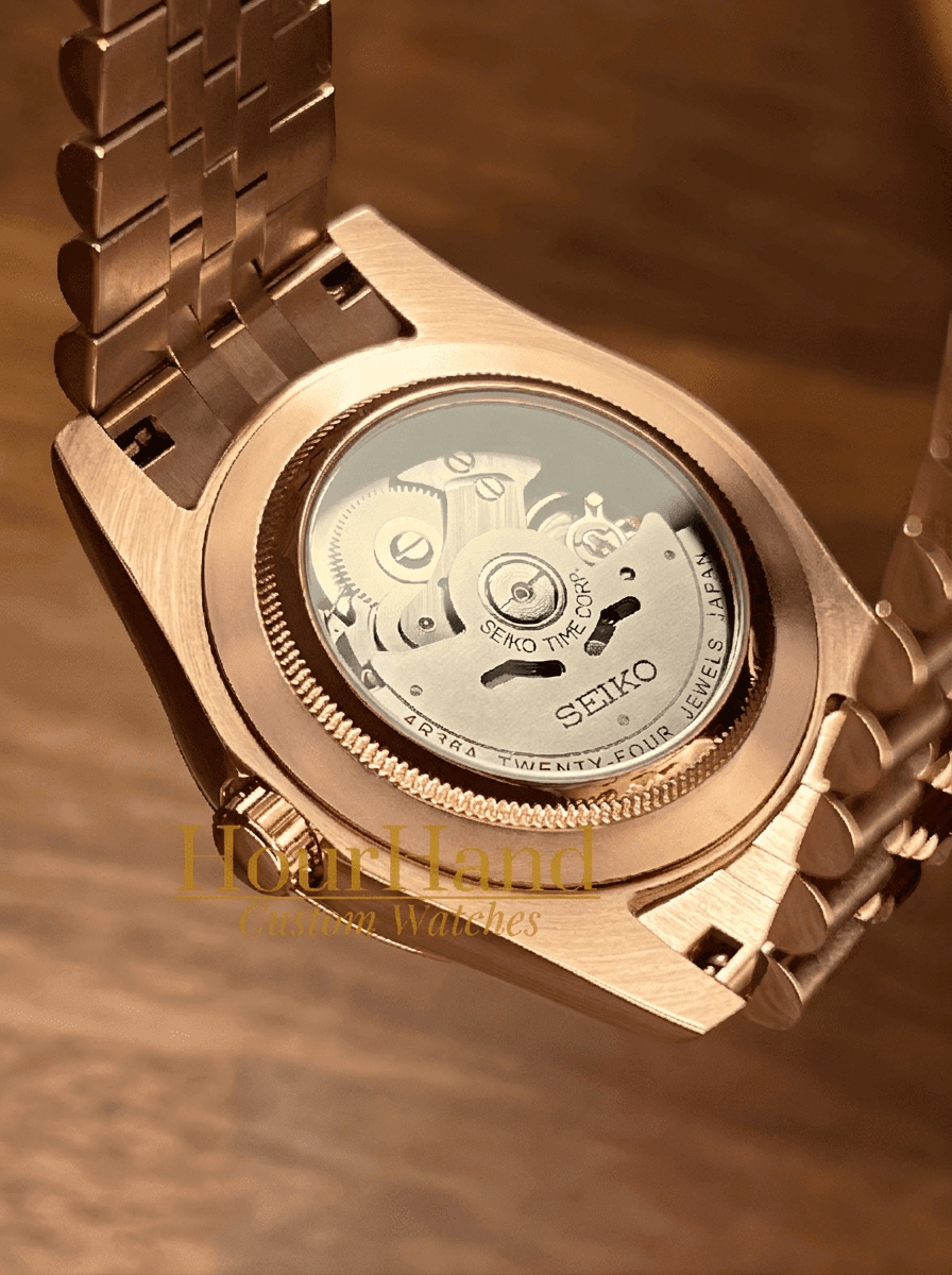 Seikojust Rose Gold - Black Roman | Seiko Datejust Mod – HourHand