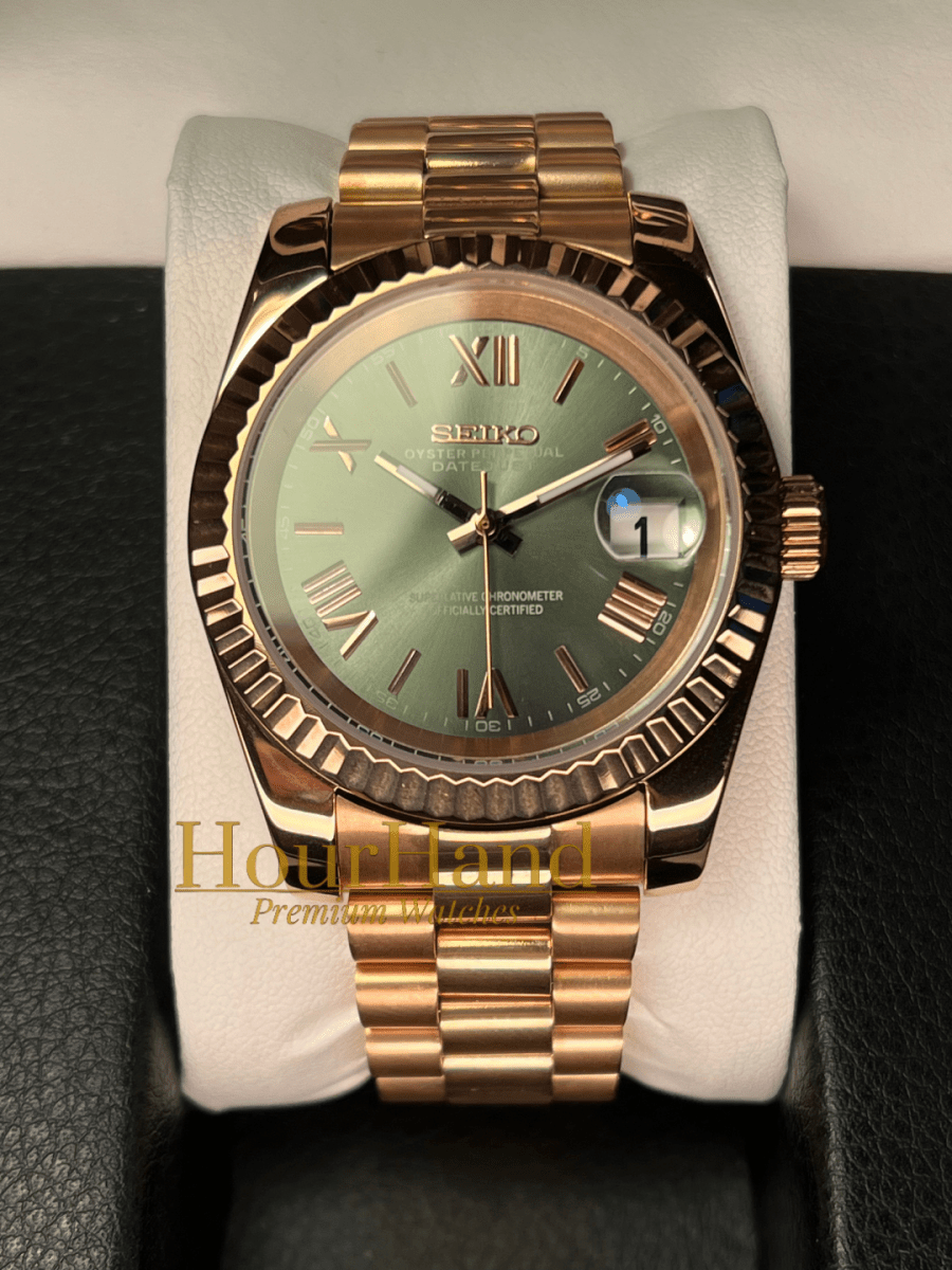 Seikojust Rose Gold - Olive Green Roman | Seiko Datejust Mod – HourHand