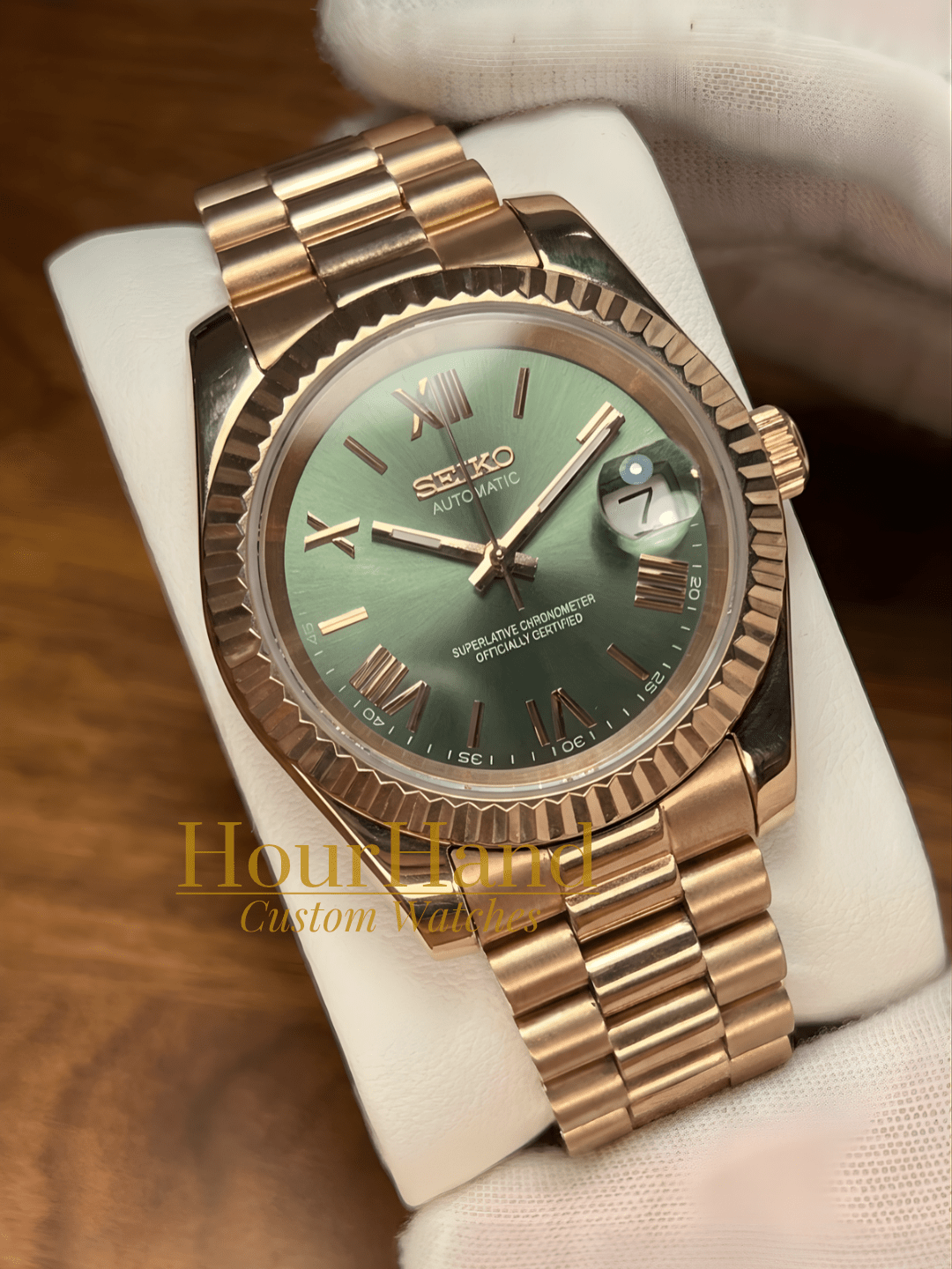 Seikojust | Rose Gold - Olive Green Roman - HourHand Watches